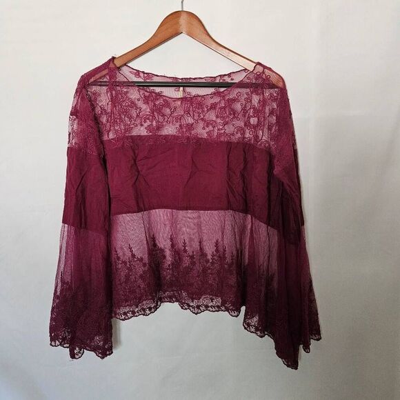Free People Cannaregio Burgundy Embroidered‎ Oversized Lace Mesh Top sz M - Picture 1 of 5